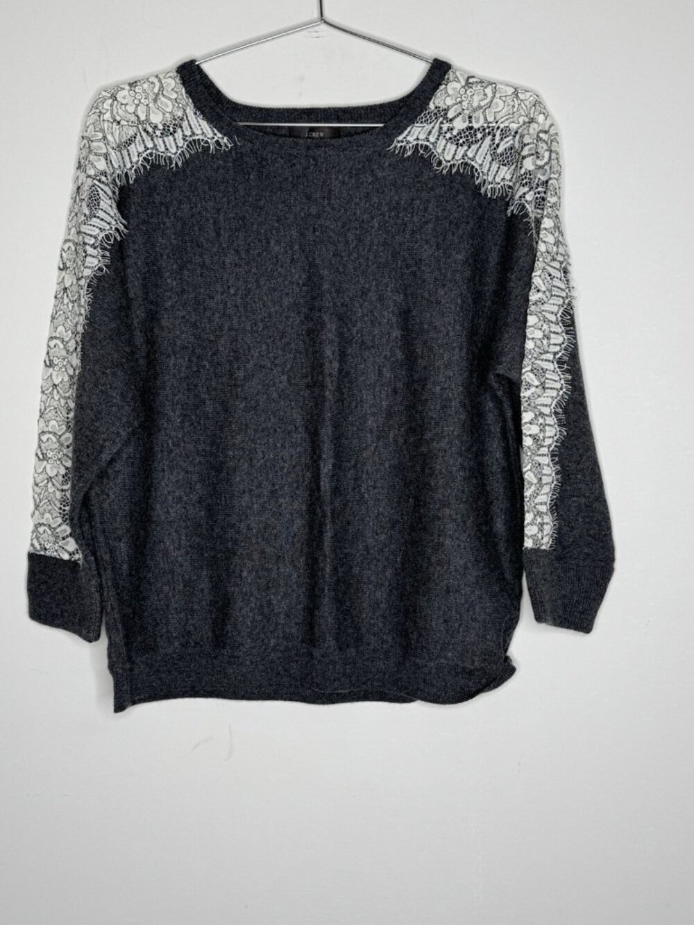 J Crew Womens Sweater Size M Gray Pullover Lace Sleeve Wool Blend Soft Warm Fall